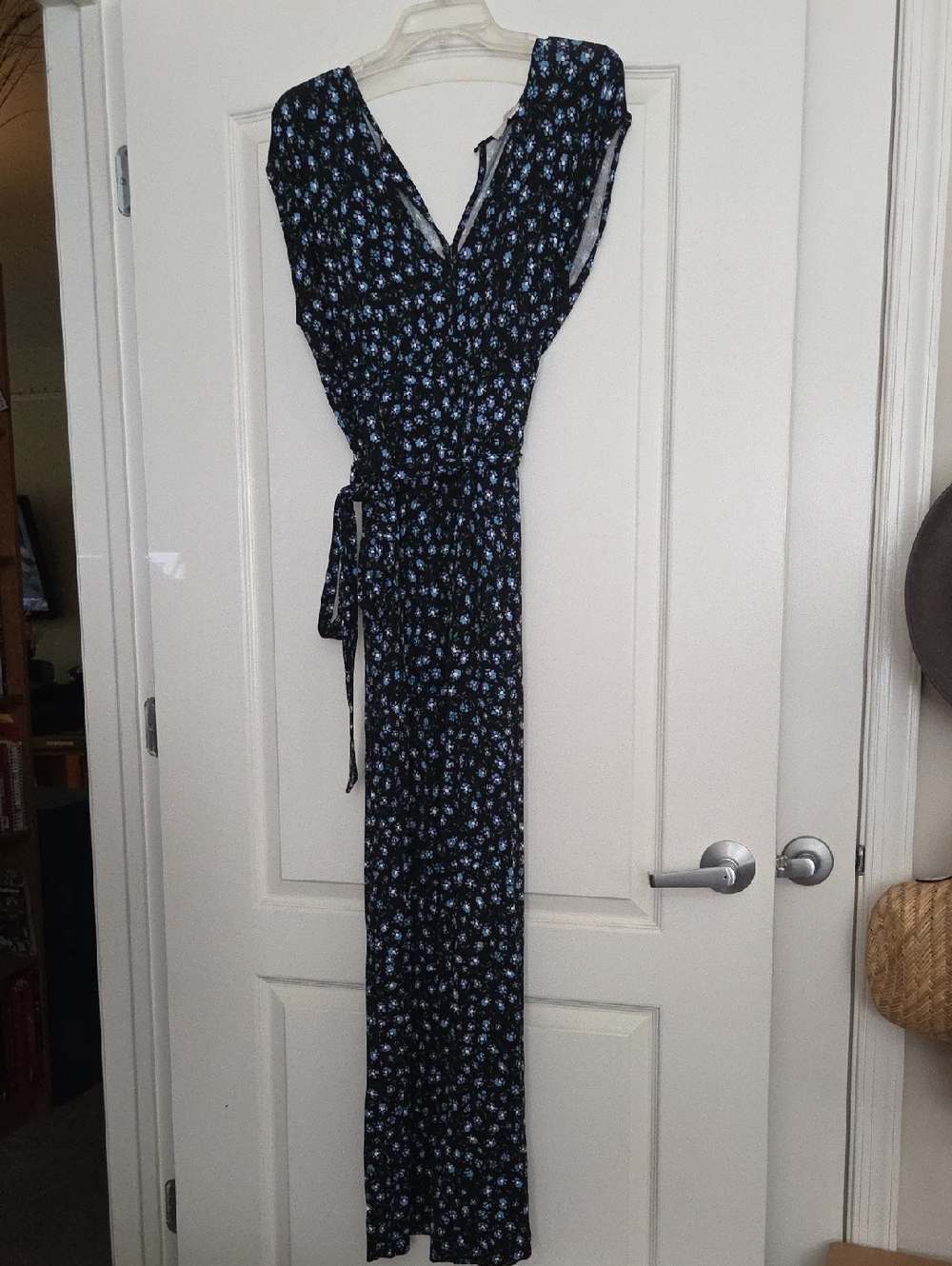 Black Floral Wrap Jumpsuit with Blue Floral Print